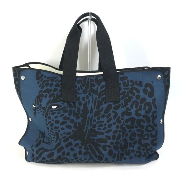 Hermes Handbags - Auth HERMES Shoulder Bag Leopard Beach bag Tote Bag Canvas Navy/Black